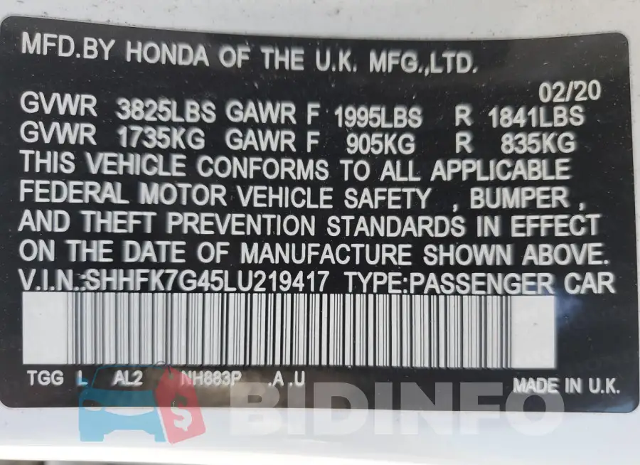 SHHFK7G45LU219417 Photo# 12