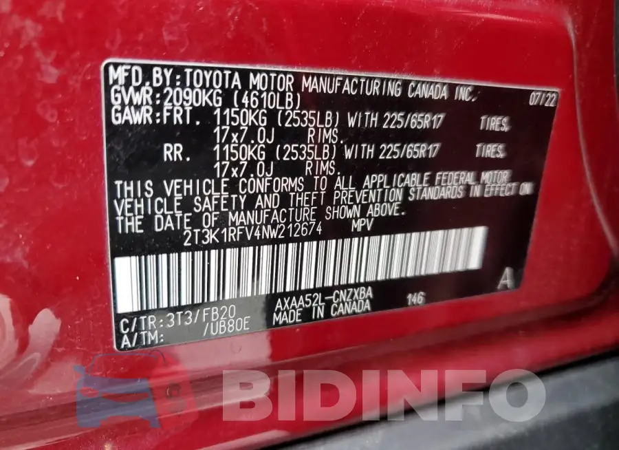 2T3K1RFV4NW212674 Photo# 12