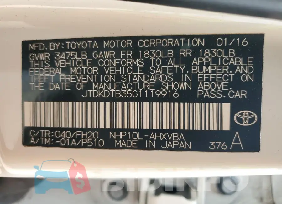 JTDKDTB35G1119916 Photo# 13