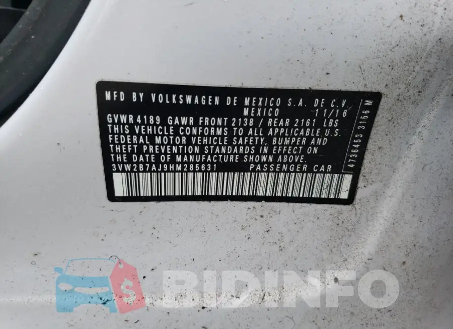 3VW2B7AJ9HM285631 Photo# 12