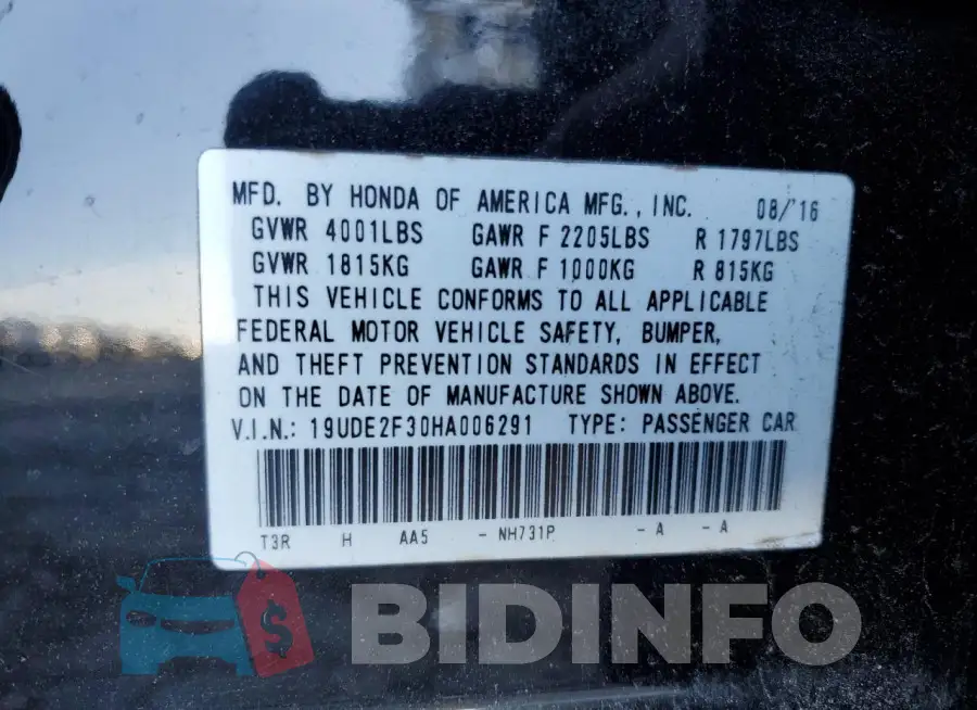 19UDE2F30HA006291 Photo# 12
