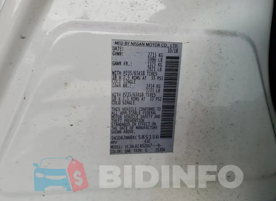 5N1DR2MN8KC585156 Photo# 13