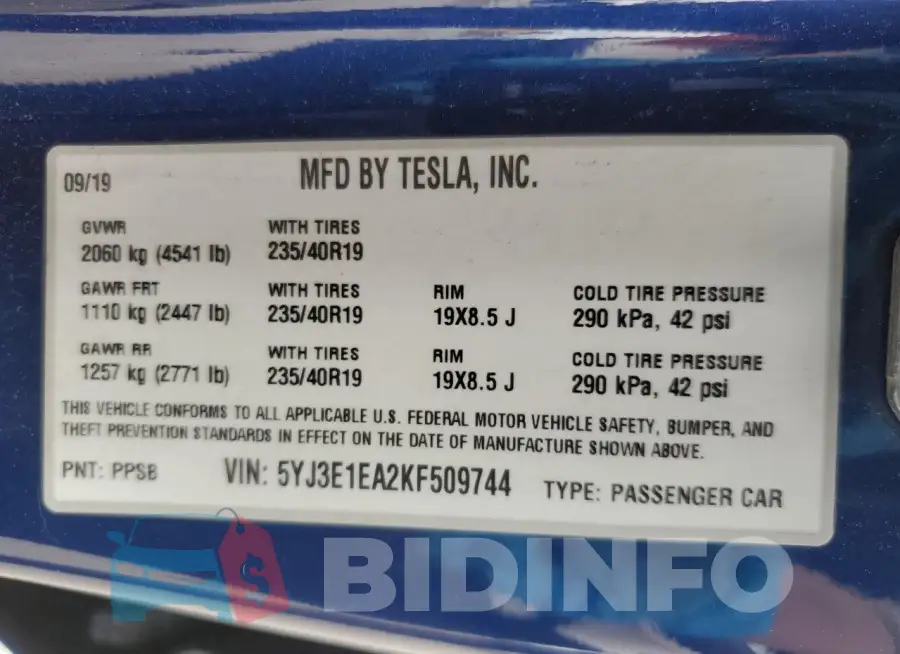 5YJ3E1EA2KF509744 Photo# 12