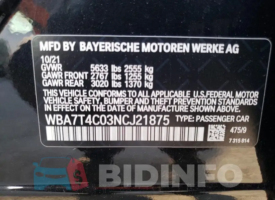 WBA7T4C03NCJ21875 Photo# 12