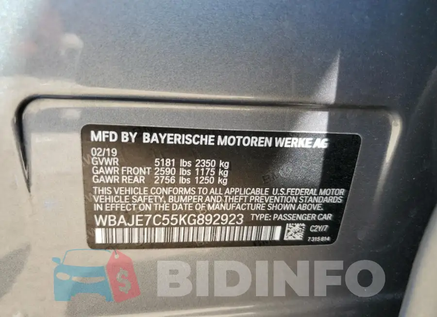 WBAJE7C55KG892923 Photo# 12