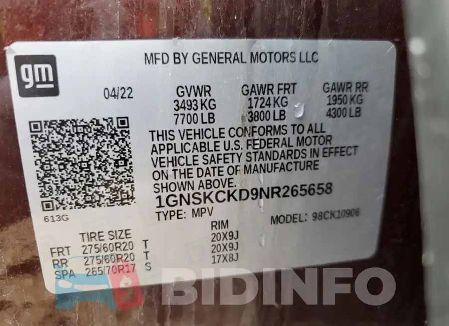 1GNSKCKD9NR265658 Photo# 13