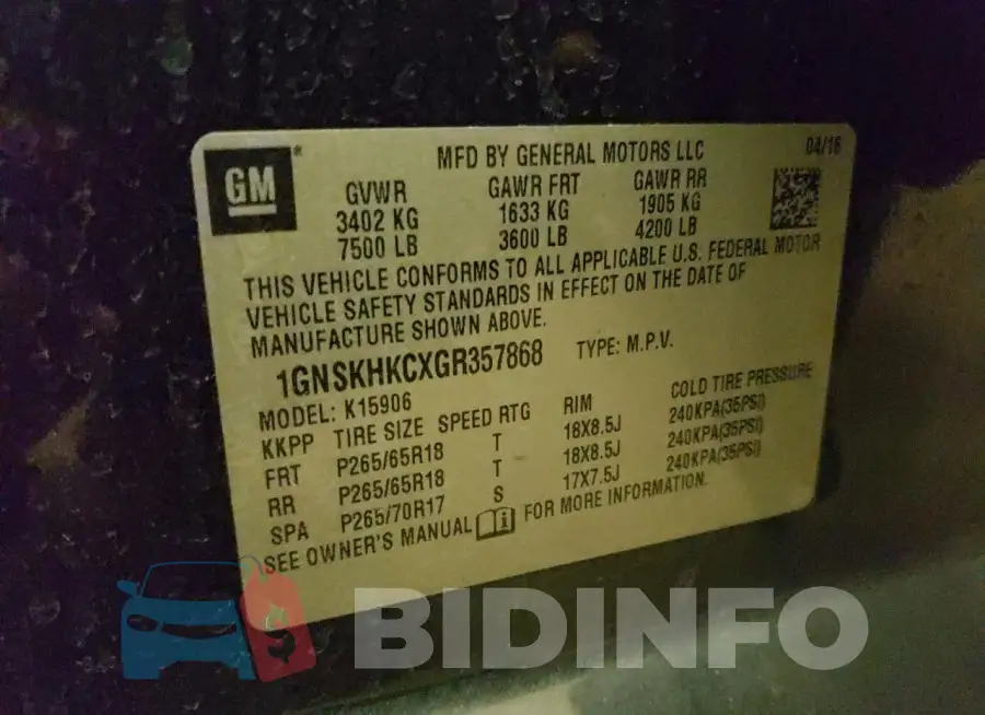 1GNSKHKCXGR357868 Photo# 13