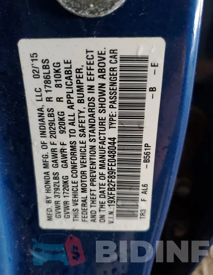 19XFB2F89FE048044 Photo# 12