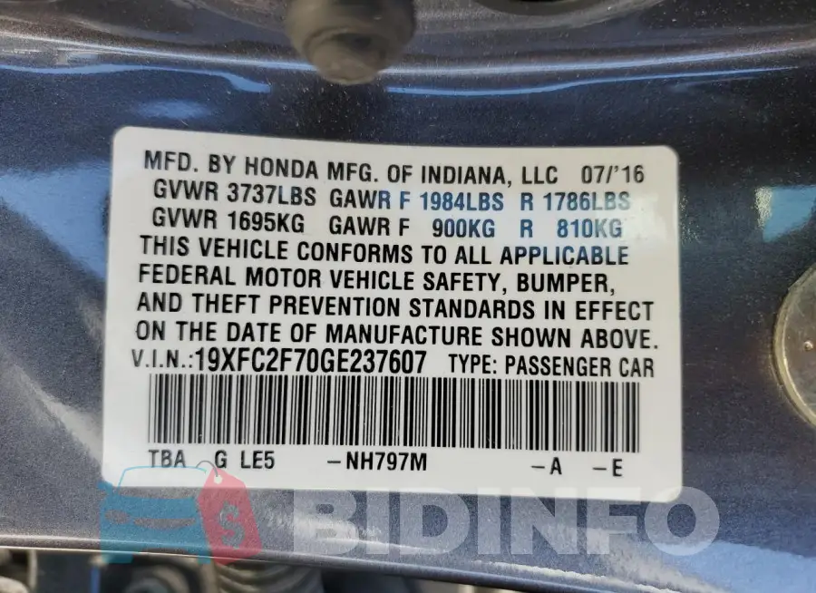 19XFC2F70GE237607 Photo# 12