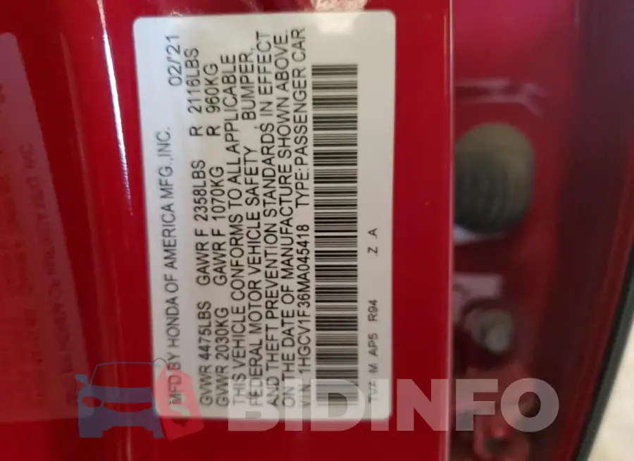 1HGCV1F36MA045418 Photo# 12