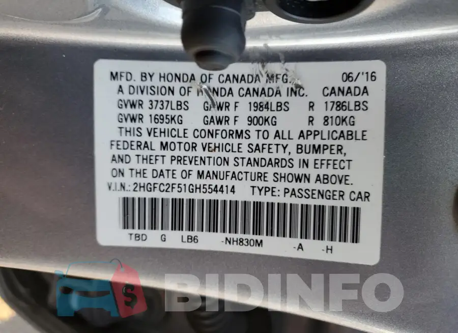2HGFC2F51GH554414 Photo# 12