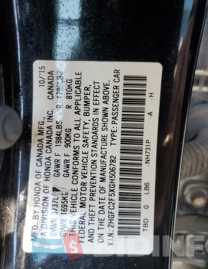 2HGFC2F5XGH506782 Photo# 13