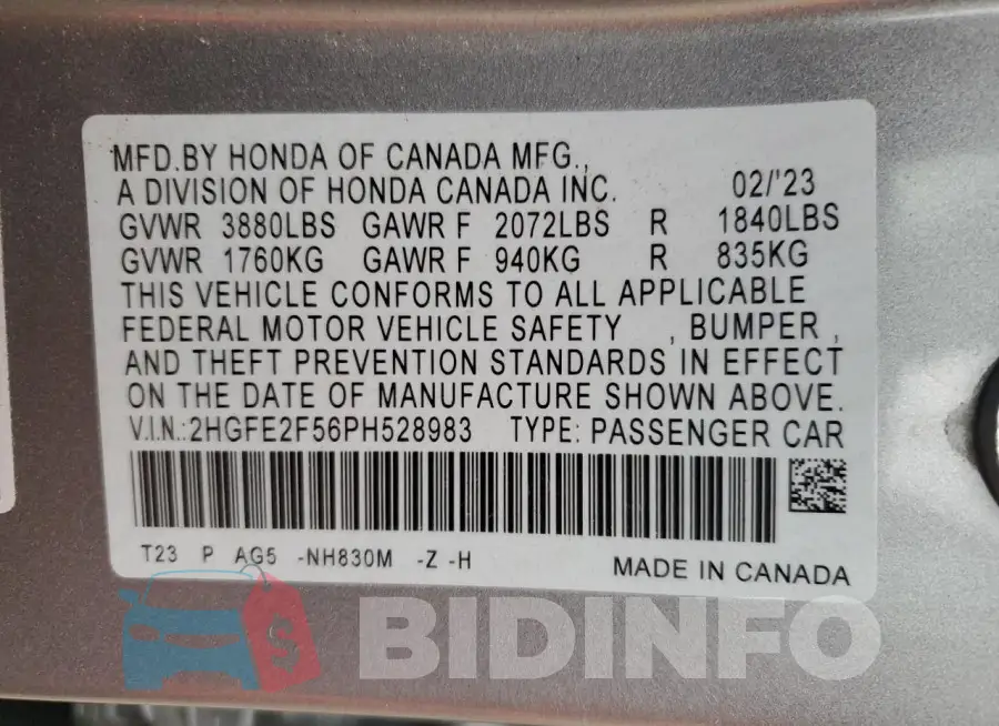 2HGFE2F56PH528983 Photo# 12