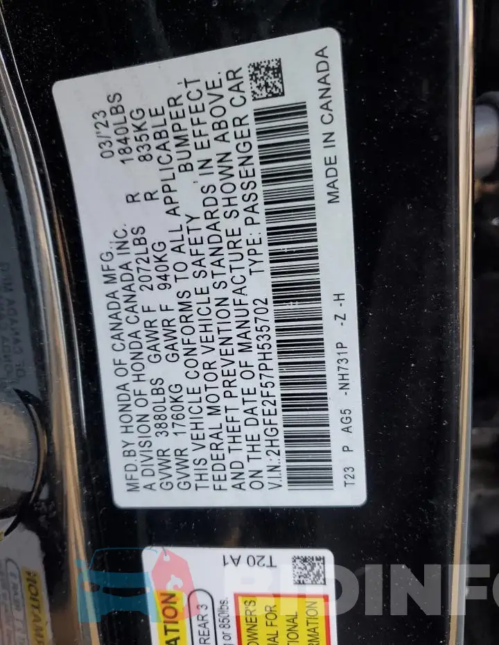 2HGFE2F57PH535702 Photo# 13