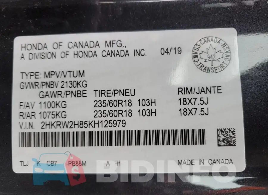 2HKRW2H85KH125979 Photo# 12