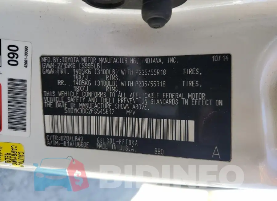 5TDYK3DC2FS545612 Photo# 13