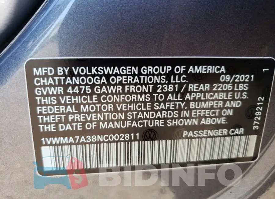 1VWMA7A38NC002811 Photo# 12