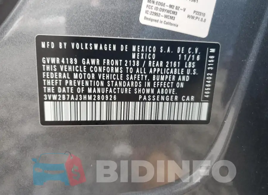 3VW2B7AJ3HM280926 Photo# 12