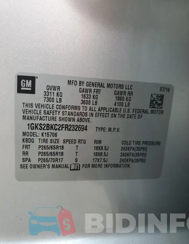 1GKS2BKC2FR232694 Photo# 13