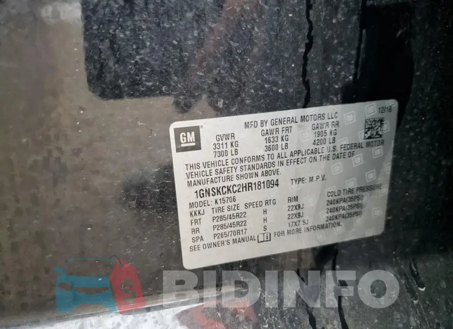1GNSKCKC2HR181094 Photo# 12