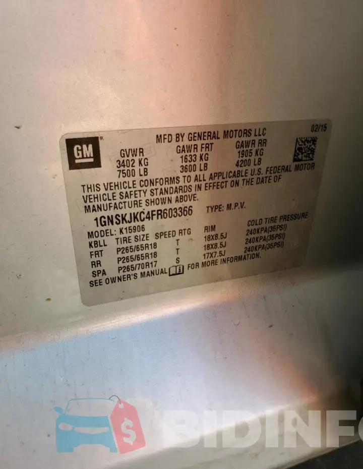 1GNSKJKC4FR603366 Photo# 13