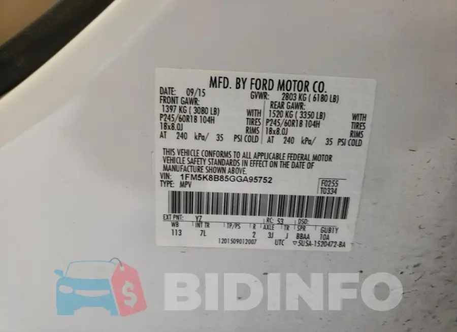1FM5K8B85GGA95752 Photo# 13
