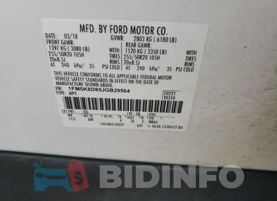 1FM5K8D85JGB29564 Photo# 13