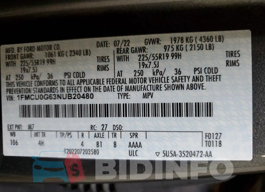 1FMCU0G63NUB20480 Photo# 14