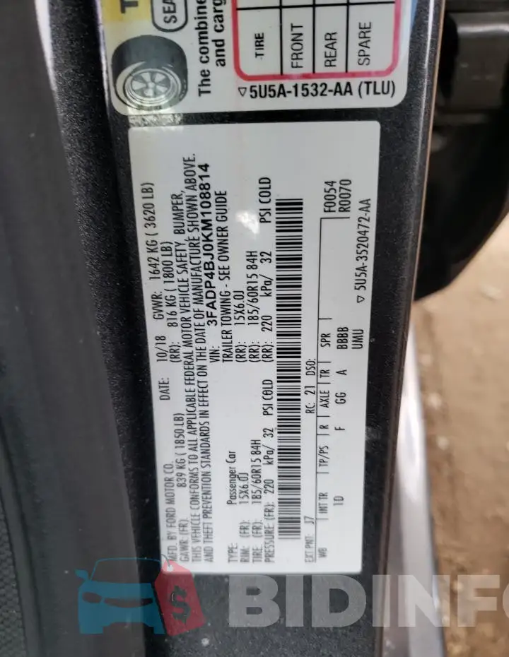 3FADP4BJ0KM108814 Photo# 13