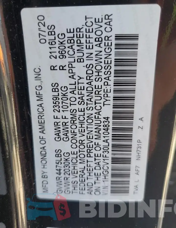 1HGCV1F30LA104834 Photo# 12