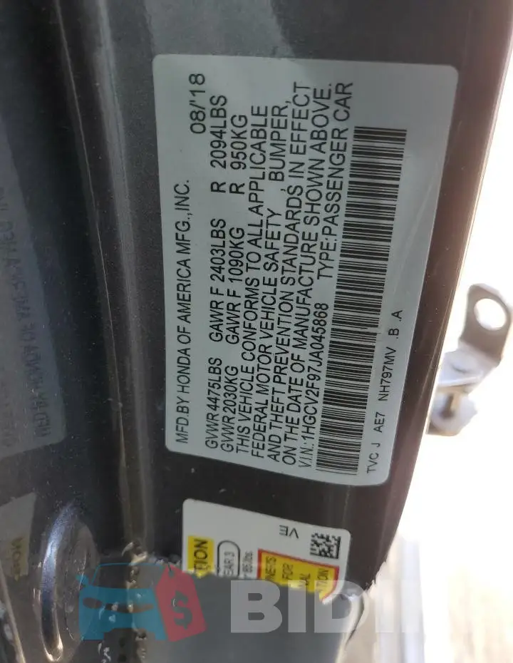 1HGCV2F97JA045868 Photo# 12