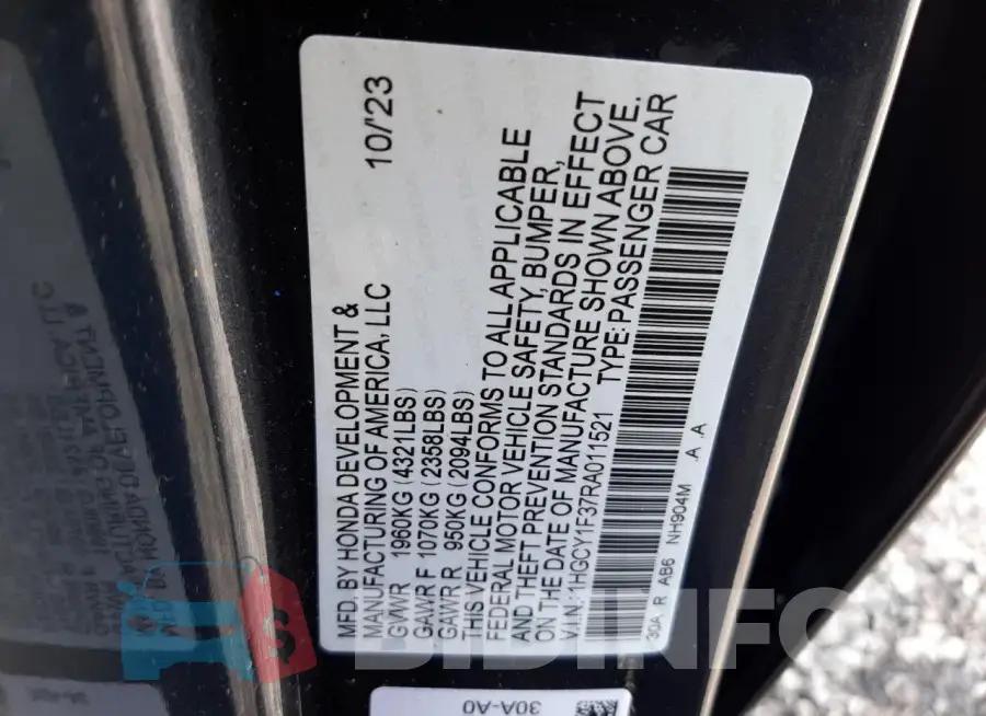 1HGCY1F37RA011521 Photo# 13