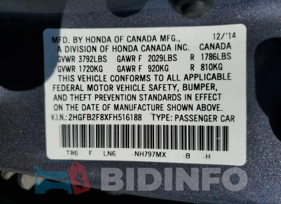 2HGFB2F8XFH516188 Photo# 12