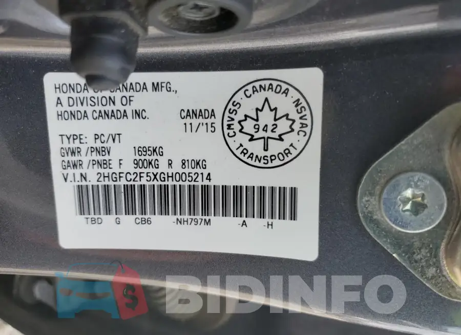 2HGFC2F5XGH005214 Photo# 13