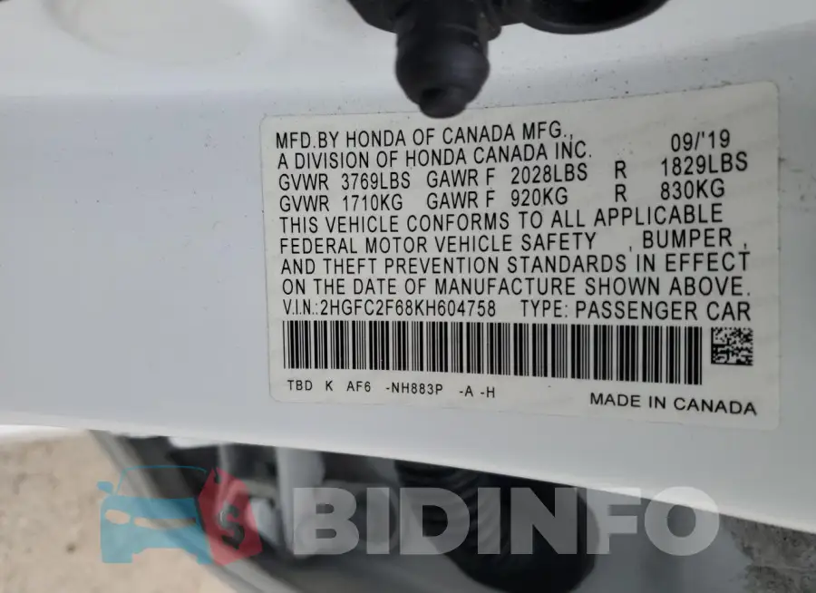 2HGFC2F68KH604758 Photo# 12