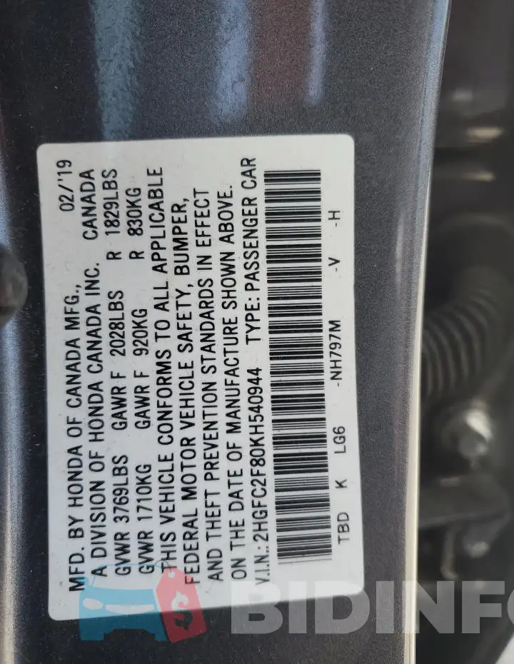 2HGFC2F80KH540944 Photo# 12
