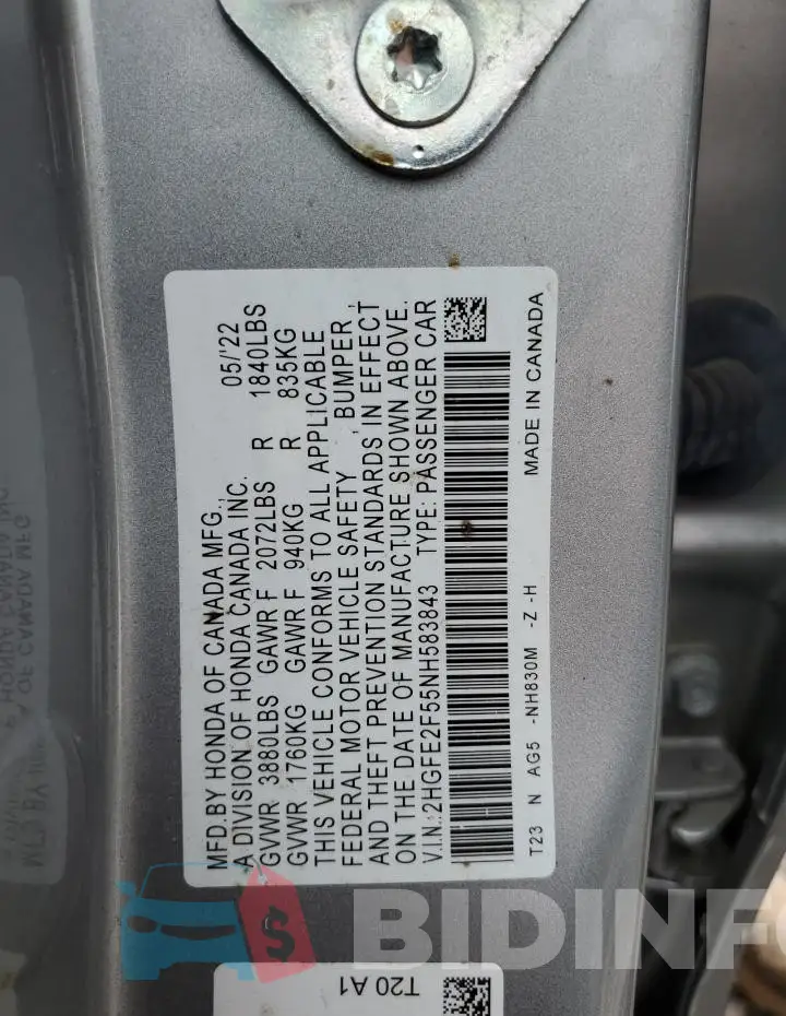 2HGFE2F55NH583843 Photo# 12