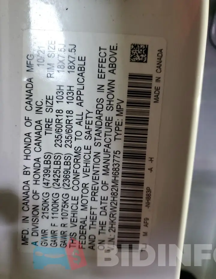 2HKRW2H82MH683775 Photo# 13