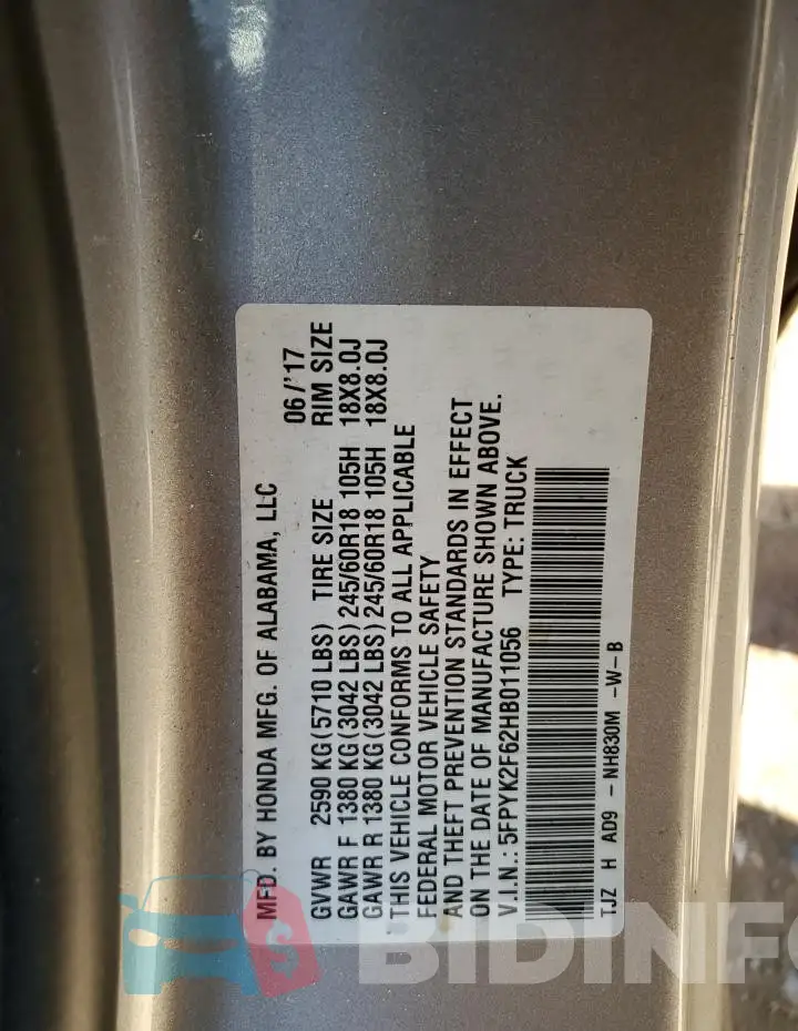 5FPYK2F62HB011056 Photo# 12