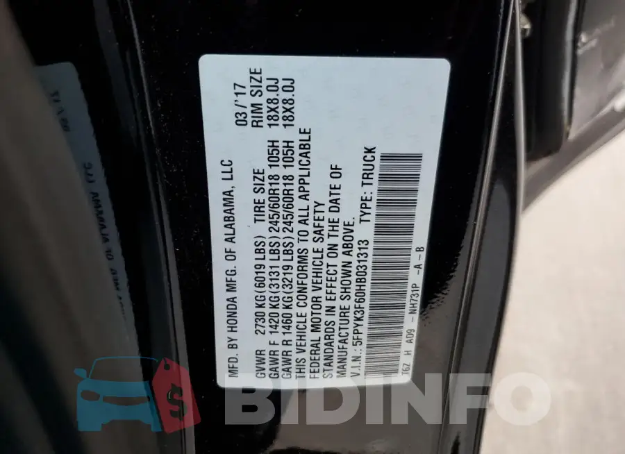 5FPYK3F60HB031313 Photo# 12