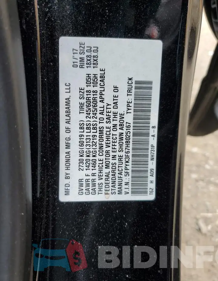 5FPYK3F67HB025167 Photo# 12