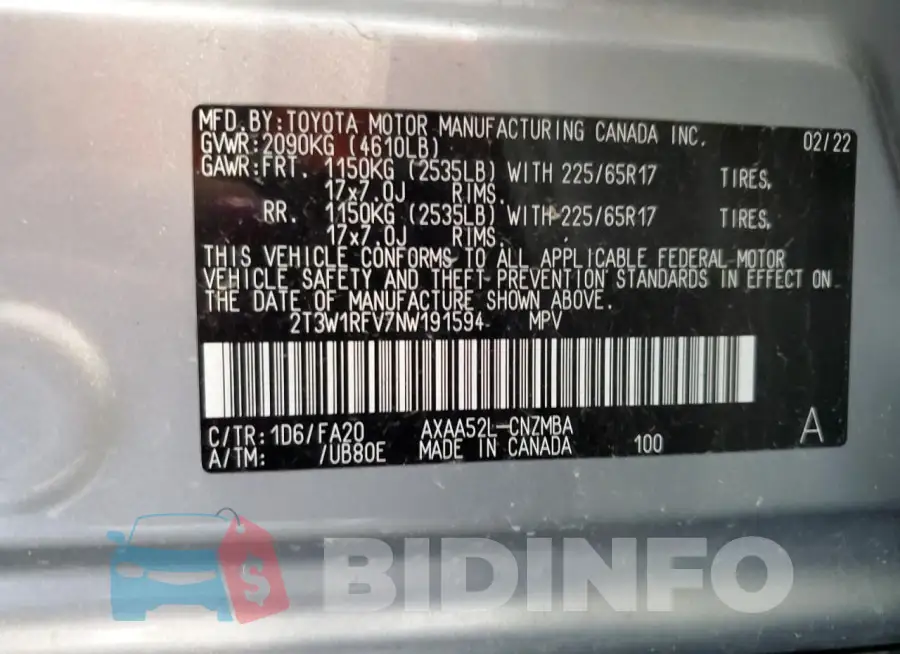 2T3W1RFV7NW191594 Photo# 14