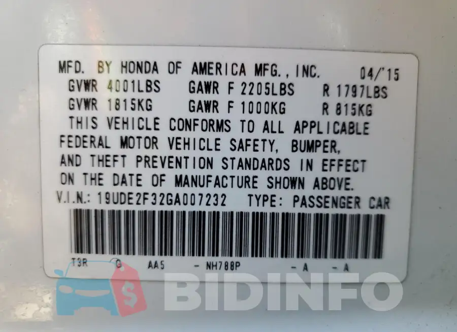 19UDE2F32GA007232 Photo# 12