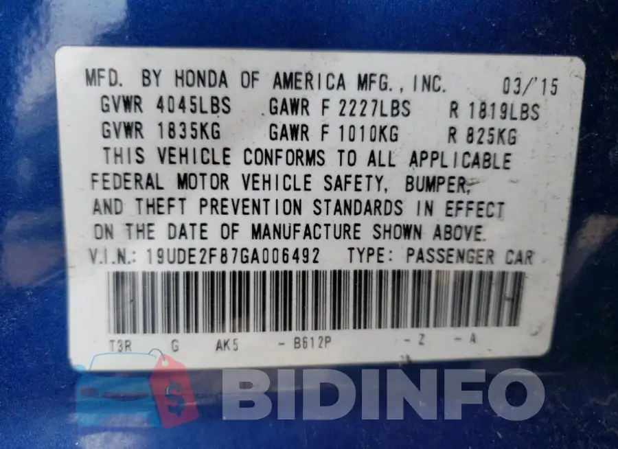 19UDE2F87GA006492 Photo# 12