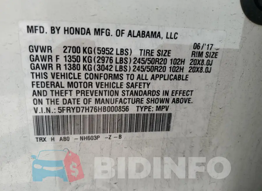 5FRYD7H76HB000856 Photo# 14