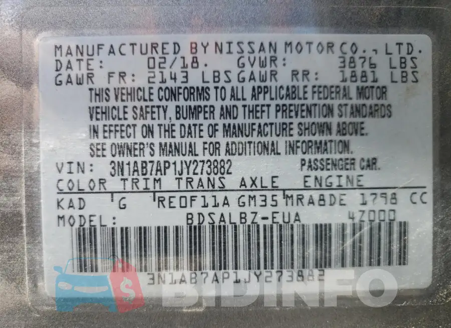 3N1AB7AP1JY273882 Photo# 12