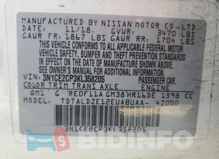 3N1CE2CP3KL358205 Photo# 13