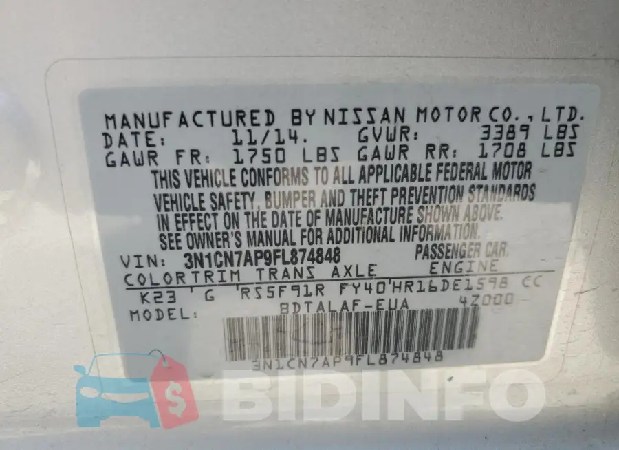 3N1CN7AP9FL874848 Photo# 12