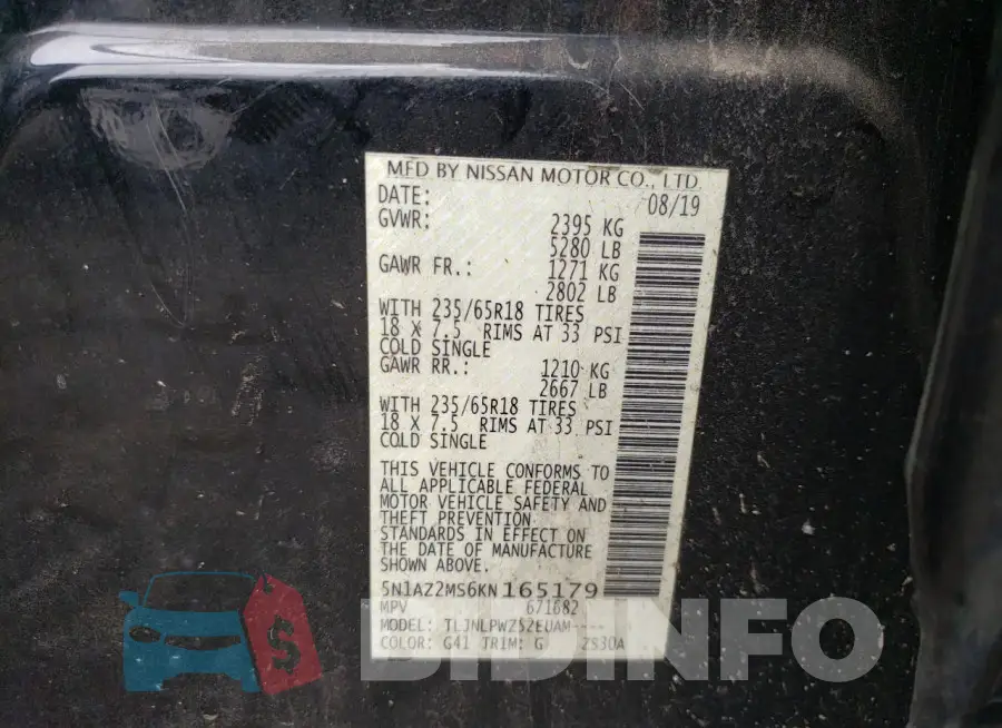 5N1AZ2MS6KN165179 Photo# 14