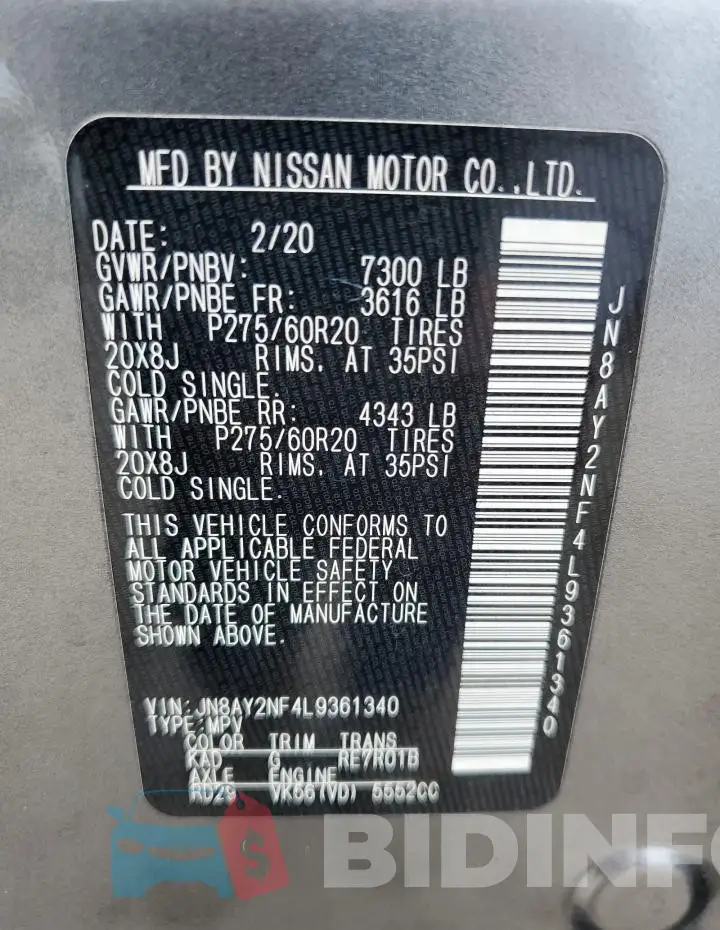 JN8AY2NF4L9361340 Photo# 12